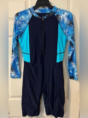 Women’s Long Sleeve One-Piece Swim Suit with Tropical Palm Leaves Print size XL